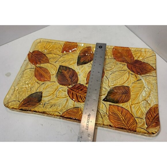 Vtg Fused Glass Rectangular Flat Textured Serving Dish Fall Leaves 9x14 Inches - Picture 10 of 10